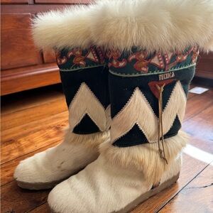Tecnica White Fur Boots with Chevron Pattern